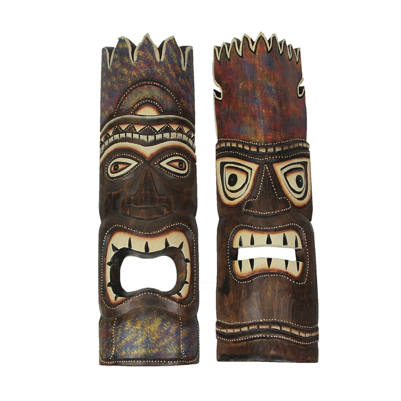 Set of 2 Stained and Painted Wood Polynesian Style Tiki Masks 20 Inches High